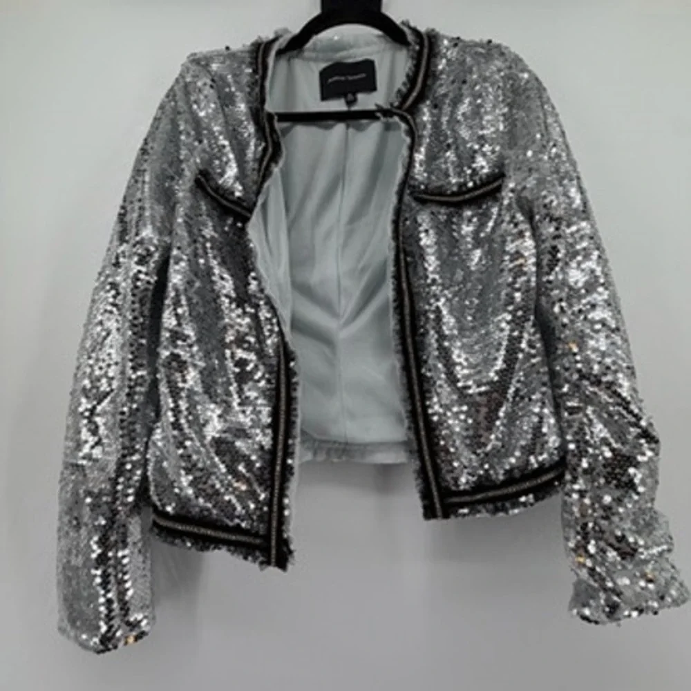 Jealous Tomato Silver Sequin Jacket Womens‎ Medium Rhinestone Trim Open Front